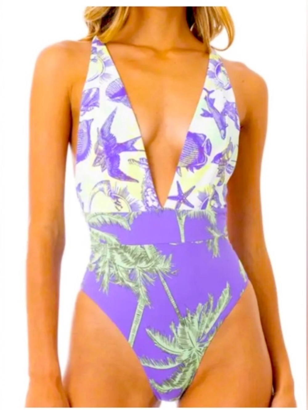 NWT Maaji Purple Tropical Palm One-Piece Swimsuit with Lime Accents